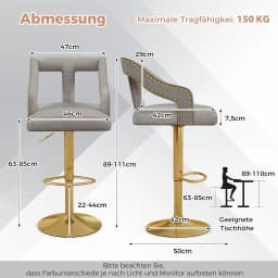 Set of 2 Bar Stools, Rotating Bar Chairs 63-85 Height Adjustable, Velvet Kitchen Stools with Footrest & Backrest