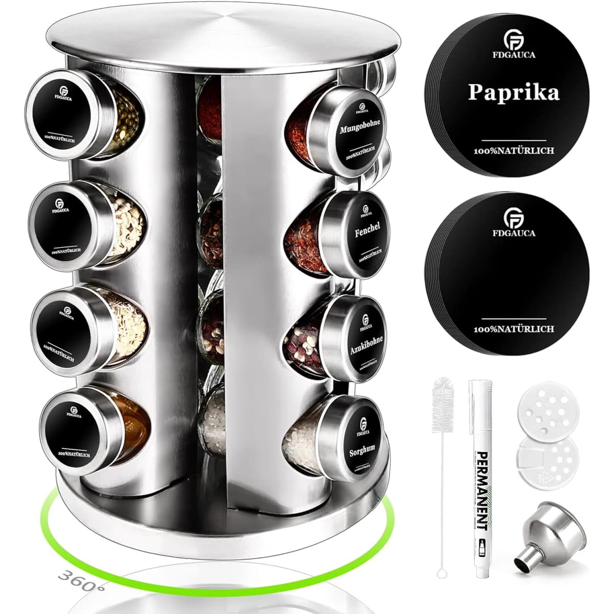 Rotating Spice Rack 360° - 4-Tier Organizer with 16 Spice Jars (100ml) & German Labels - Kitchen Storage Shelf