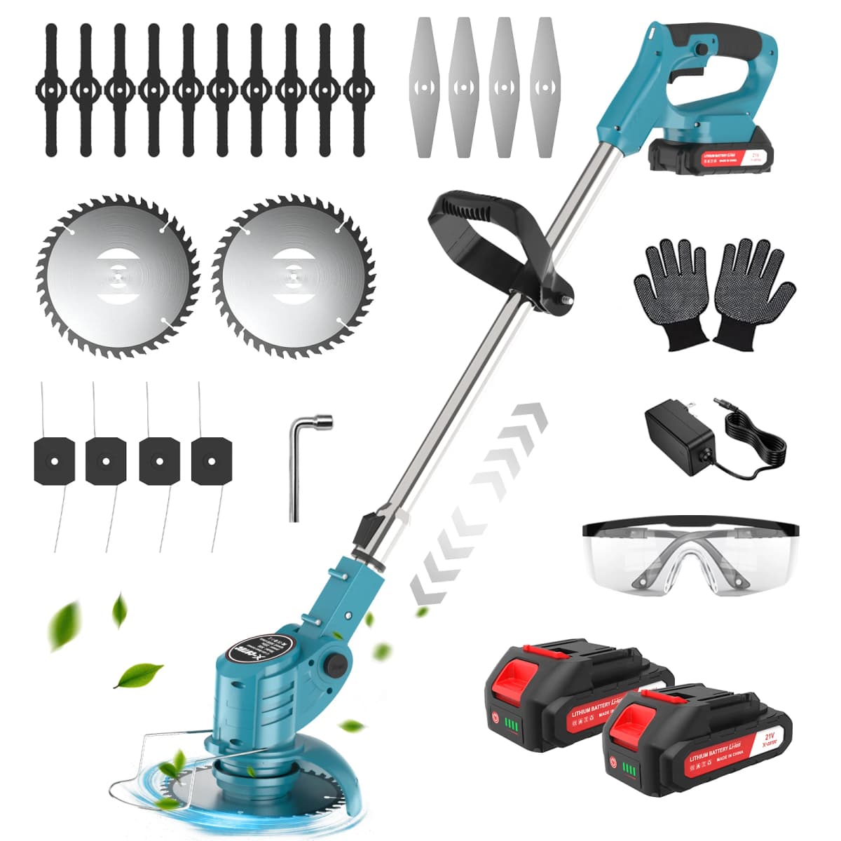 X-COTEC cordless strimmer, 21 V, 2 x 1.5A batteries, retractable handle, 0.9 kg, for mowing lawns, gardens and removing weeds