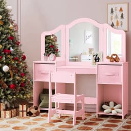 Kids Vanity, 2 in 1 Princess Makeup Desk & Chair Set with Tri-Folding Detachable Mirror, Large Storage Shelves, Wooden Pretend