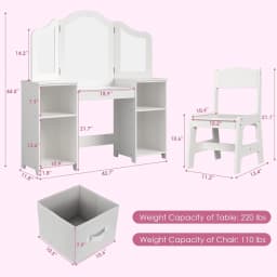 Kids Vanity, 2 in 1 Princess Makeup Desk & Chair Set with Tri-Folding Detachable Mirror, Large Storage Shelves, Wooden Pretend
