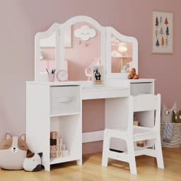 Kids Vanity, 2 in 1 Princess Makeup Desk & Chair Set with Tri-Folding Detachable Mirror, Large Storage Shelves, Wooden Pretend
