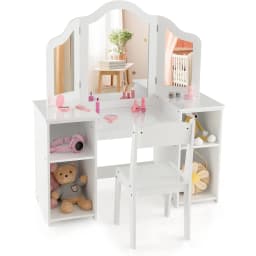 Kids Vanity, 2 in 1 Princess Makeup Desk & Chair Set with Tri-Folding Detachable Mirror, Large Storage Shelves, Wooden Pretend