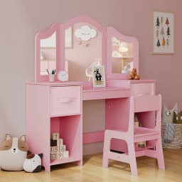 Kids Vanity, 2 in 1 Princess Makeup Desk & Chair Set with Tri-Folding Detachable Mirror, Large Storage Shelves, Wooden Pretend