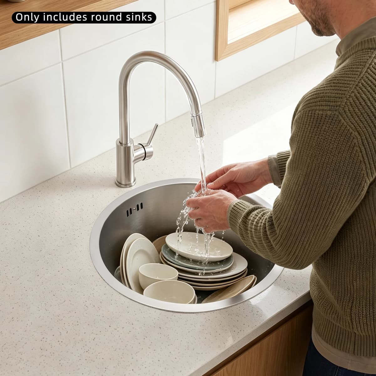 41cm Round Kitchen Sink 304 Stainless Steel, 19cm Deep Undermount Single Bowl Sink with Drain Pipe for RV Bar Cafe Home