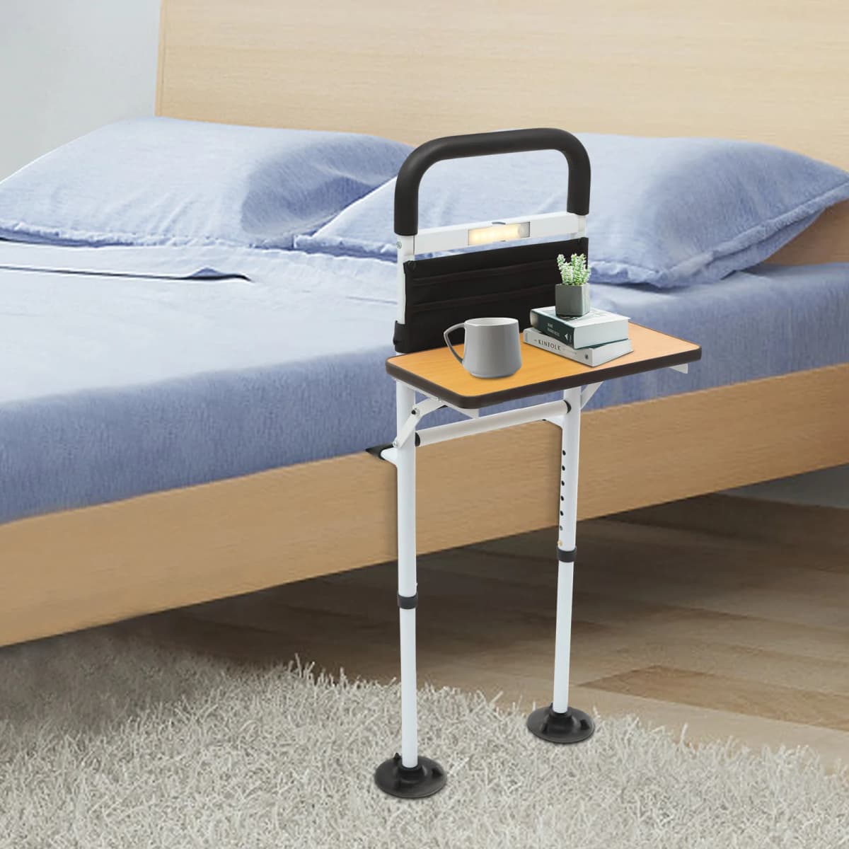 Secure Bed Rail with Table Top Height-Adjustable Bed Auxiliary Rail Fall Protection Safety Bed Rail with Storage Bag