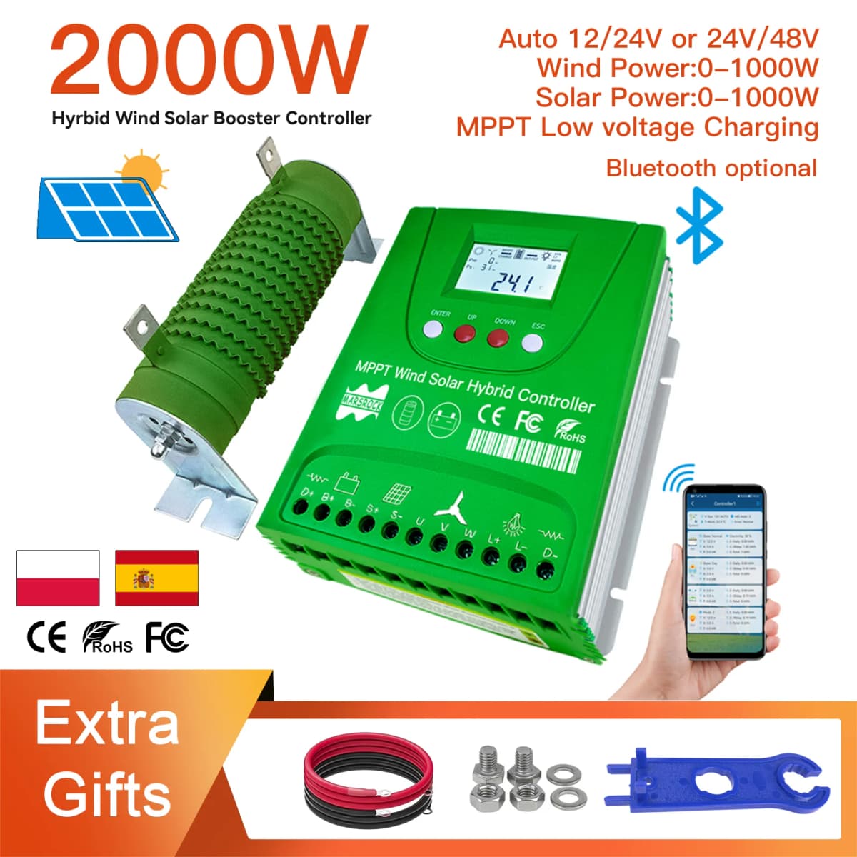 2000W Hybrid Wind Solar Charge Controller Auto12 24 48V MPPT Battery Equalizer For Lifepo4 Lithium Other Battery, with Bluetooth