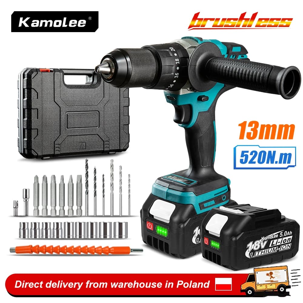 Kamolee 13MM Brushless Electric Impact Drill Set, including Accessories, Cordless Screwdriver, Lithium Battery Hand Drill