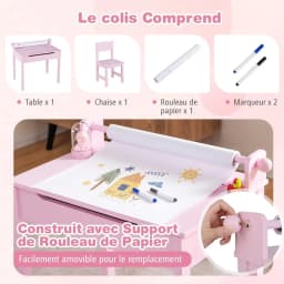 Children's Desk with Chair, with Folding Table Top,  with Paper Roll Holder & Markers,  for Children from 3 Years (Pink)