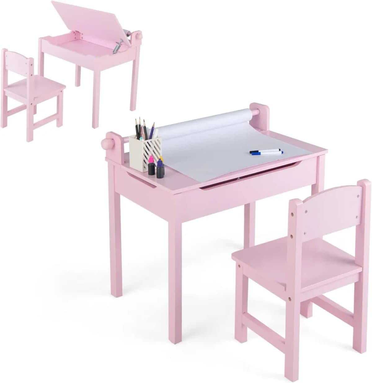 Children's Desk with Chair, with Folding Table Top,  with Paper Roll Holder & Markers,  for Children from 3 Years (Pink)