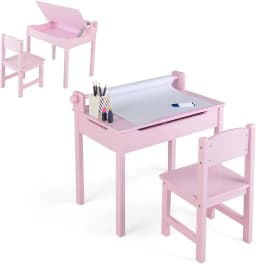 Children's Desk with Chair, with Folding Table Top,  with Paper Roll Holder & Markers,  for Children from 3 Years (Pink)