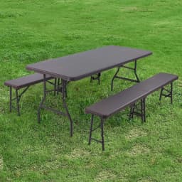 Outdoor Furniture Set Foldable Table and 2 Benches for Camping Patio Dining Table 180cm, HDPE Panel, Waterproof, w/ Steel Frame