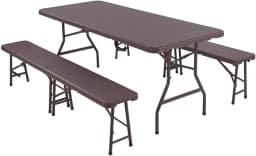 Outdoor Furniture Set Foldable Table and 2 Benches for Camping Patio Dining Table 180cm, HDPE Panel, Waterproof, w/ Steel Frame