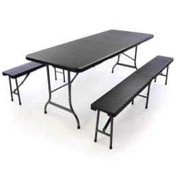 Outdoor Furniture Set Foldable Table and 2 Benches for Camping Patio Dining Table 180cm, HDPE Panel, Waterproof, w/ Steel Frame