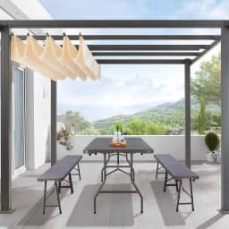 Outdoor Furniture Set Foldable Table and 2 Benches for Camping Patio Dining Table 180cm, HDPE Panel, Waterproof, w/ Steel Frame