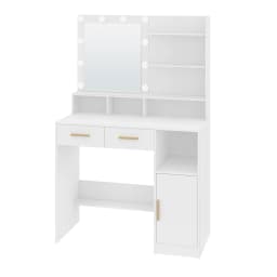 Dressing Table with Mirror and 10 LED Lights, with 2 Drawers & 1 Cabinet, 3 Shelves & 4 Open Compartments