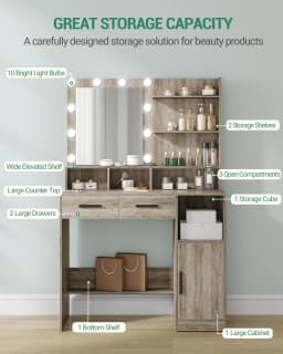 Dressing Table with Mirror and 10 LED Lights, with 2 Drawers & 1 Cabinet, 3 Shelves & 4 Open Compartments