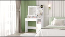 Dressing Table with Mirror and 10 LED Lights, with 2 Drawers & 1 Cabinet, 3 Shelves & 4 Open Compartments