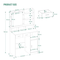 Dressing Table with Mirror and 10 LED Lights, with 2 Drawers & 1 Cabinet, 3 Shelves & 4 Open Compartments