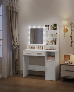 Dressing Table with Mirror and 10 LED Lights, with 2 Drawers & 1 Cabinet, 3 Shelves & 4 Open Compartments