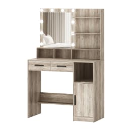 Dressing Table with Mirror and 10 LED Lights, with 2 Drawers & 1 Cabinet, 3 Shelves & 4 Open Compartments
