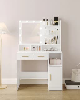 Dressing Table with Mirror and 10 LED Lights, with 2 Drawers & 1 Cabinet, 3 Shelves & 4 Open Compartments