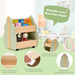 Kids Bookcase on Wheels, 2 Tier Wooden Toy Shelf, 52 x 46 x 62.5 cm (Green)