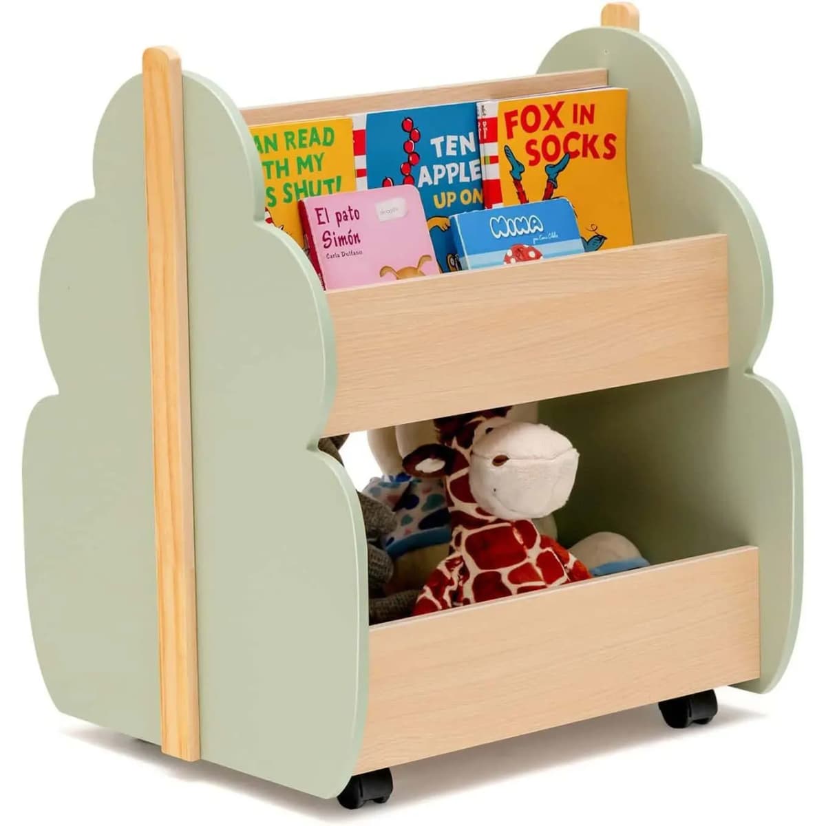 Kids Bookcase on Wheels, 2 Tier Wooden Toy Shelf, 52 x 46 x 62.5 cm (Green)
