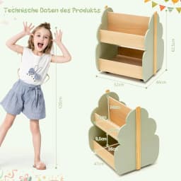 Kids Bookcase on Wheels, 2 Tier Wooden Toy Shelf, 52 x 46 x 62.5 cm (Green)