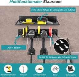 Tool Rack Wall Shelf, Tool Organiser Metal, Tool Wall with 4 Slots & 36 Drill Holes, Power Tools Workshop Organiser System