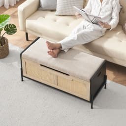 Farmhouse Entryway Bench with Storage, Home Ottoman with Padded Seat Cushion, End of Bed Bench for Bedroom Entryway