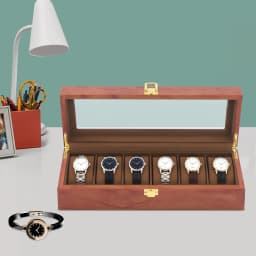 6-Slot Watch Box Organizer, MDF Glass Velvet Display Case W/Lock Vintage Clear Lid for Men Women Storage for Watches Jewelry
