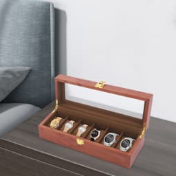 6-Slot Watch Box Organizer, MDF Glass Velvet Display Case W/Lock Vintage Clear Lid for Men Women Storage for Watches Jewelry