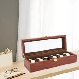 6-Slot Watch Box Organizer, MDF Glass Velvet Display Case W/Lock Vintage Clear Lid for Men Women Storage for Watches Jewelry