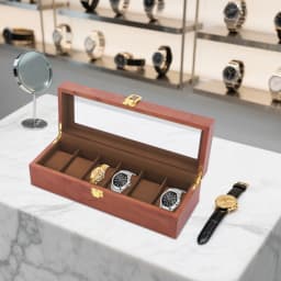 6-Slot Watch Box Organizer, MDF Glass Velvet Display Case W/Lock Vintage Clear Lid for Men Women Storage for Watches Jewelry