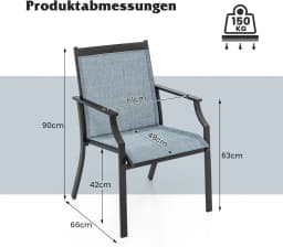 Set of 2 Garden Chairs, Patio Chairs with Wide Seat and Breathable Seat, Balcony Chairs, Outdoor Chairs up to 150 kg