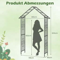 Metal Rose Arch, Garden Arch for Climbing Plants, Rose Grid with Roof-Shaped Tip & 4 Ground Stakes, 140 x 40 x 223 cm
