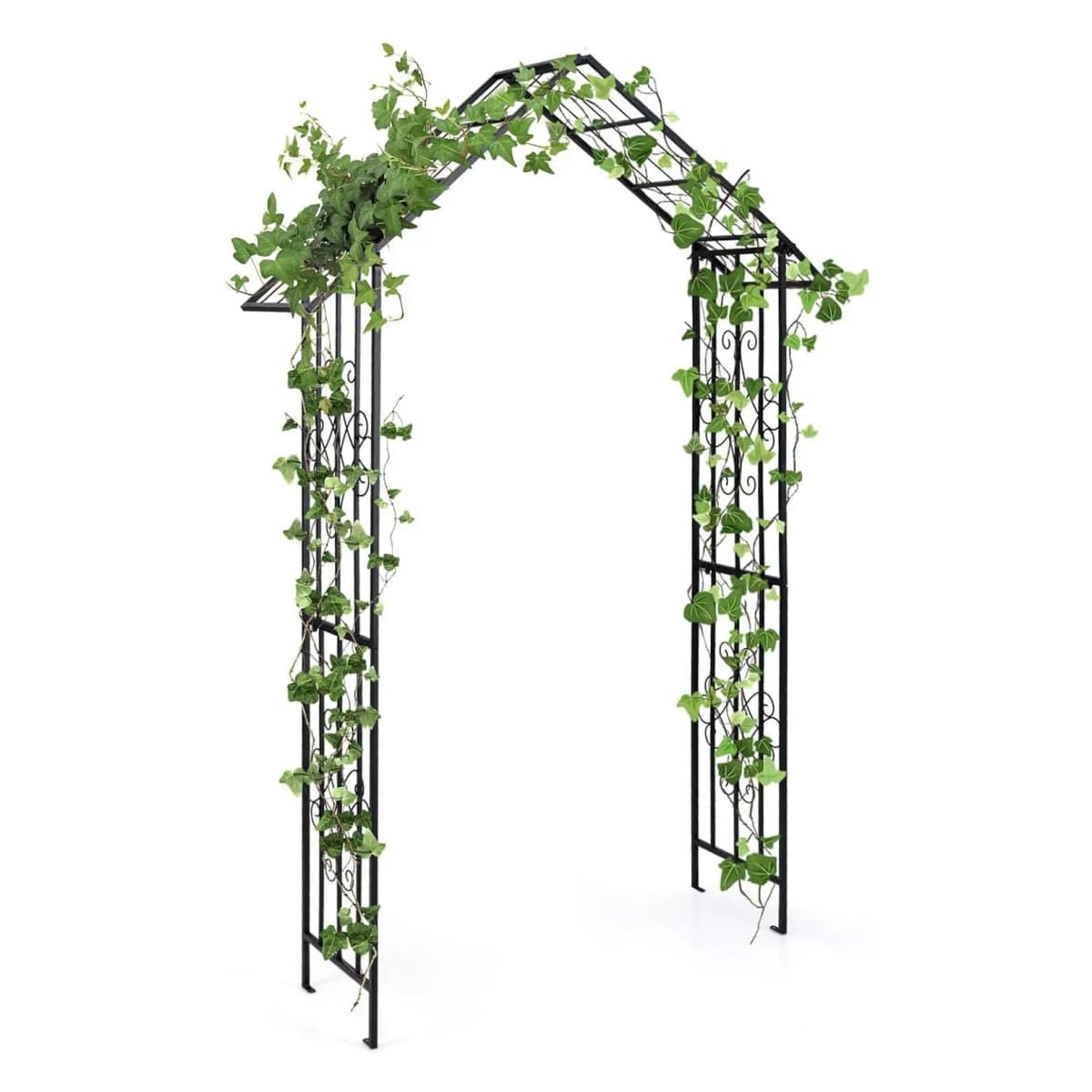 Metal Rose Arch, Garden Arch for Climbing Plants, Rose Grid with Roof-Shaped Tip & 4 Ground Stakes, 140 x 40 x 223 cm