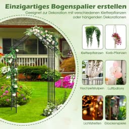 Metal Rose Arch, Garden Arch for Climbing Plants, Rose Grid with Roof-Shaped Tip & 4 Ground Stakes, 140 x 40 x 223 cm