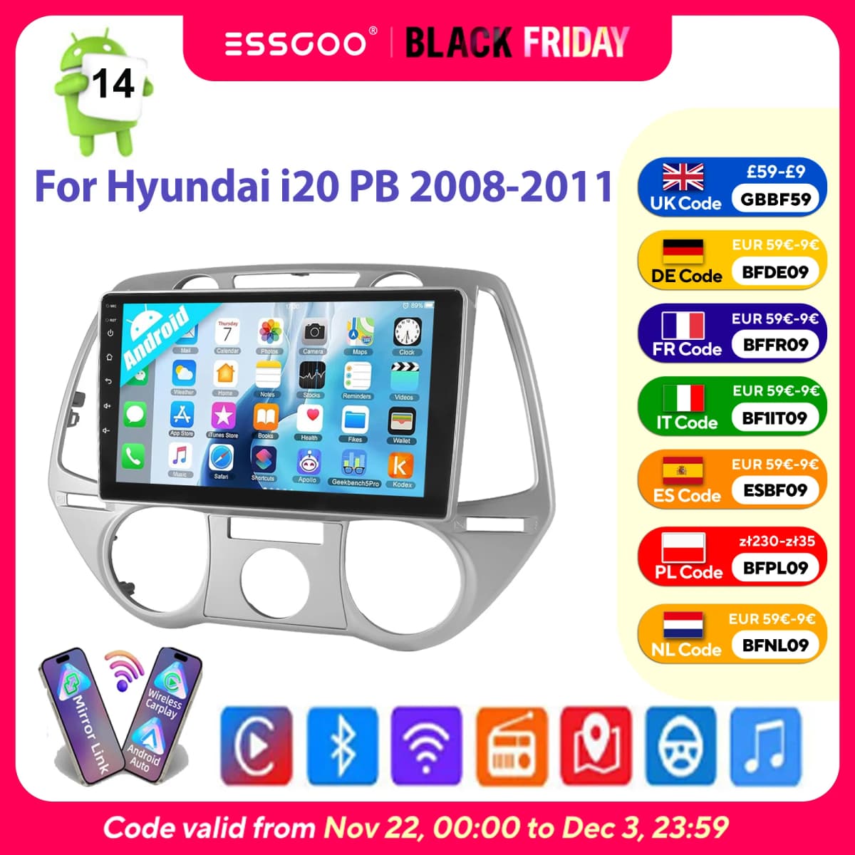 ESSGOO Touchscreen Wireless CarPlay Android Auto Android 14 For Hyundai i20 PB 2008-2011 GPS Navi USB FM Wifi BT SWC Mirror link