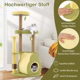 Wooden Cat Scratching Post, Avocado Design, Cat Tree with Platforms & Cat Cave & Toy & Care Brush & Scratching Board, Cat