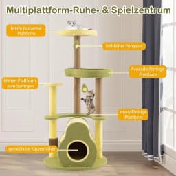 Wooden Cat Scratching Post, Avocado Design, Cat Tree with Platforms & Cat Cave & Toy & Care Brush & Scratching Board, Cat