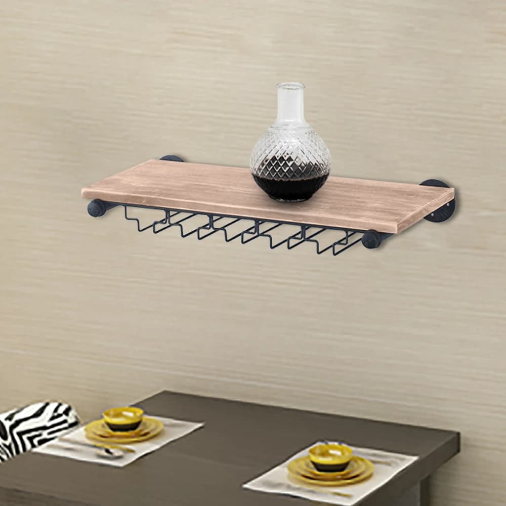 Wall-Mounted Wine Rack with Spacious Storage, Durable Pine Wood and Iron Construction, Stylish Black and Wood Design