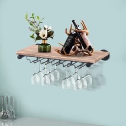 Wall-Mounted Wine Rack with Spacious Storage, Durable Pine Wood and Iron Construction, Stylish Black and Wood Design