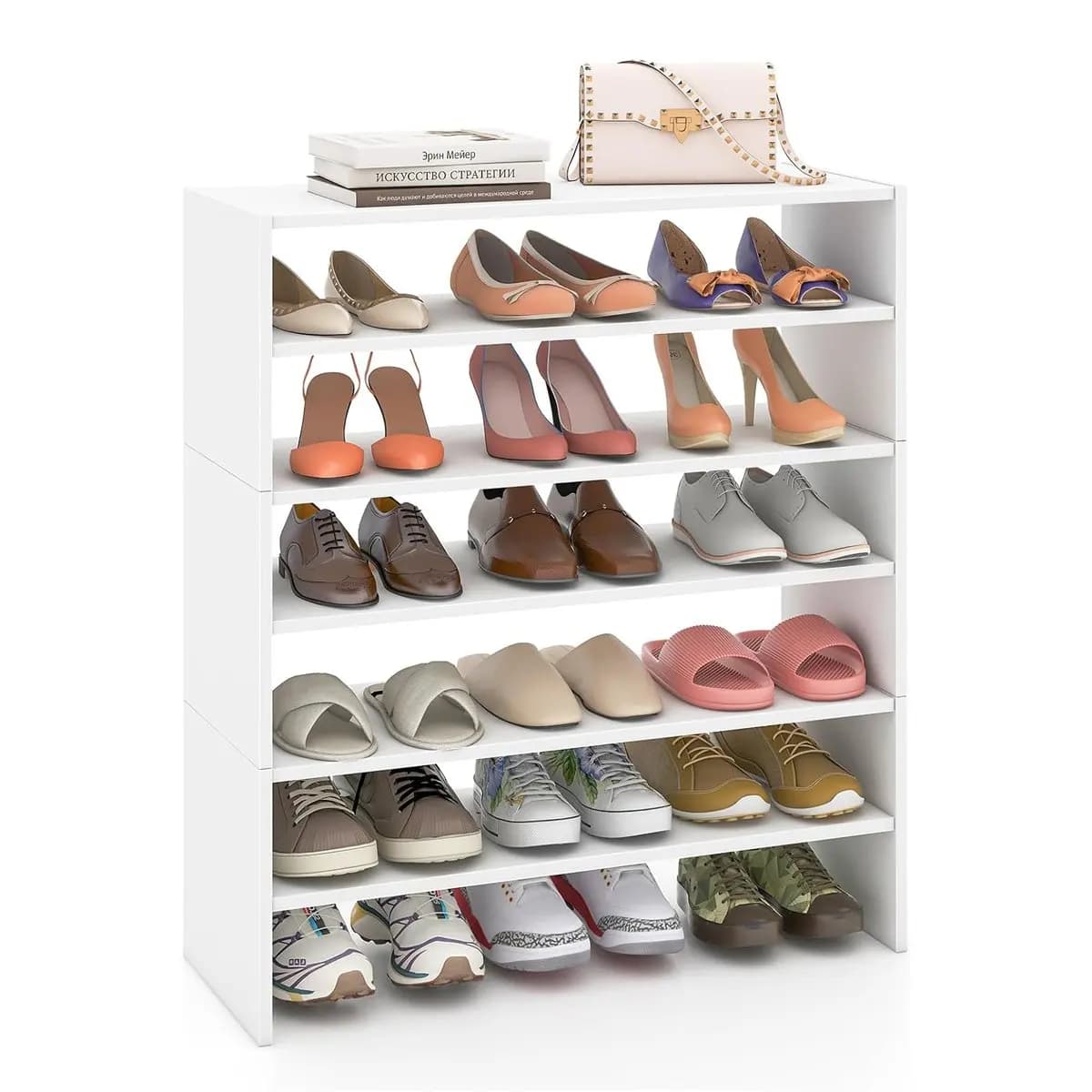 5-Tier Stackable Shoe Rack Open Shoe Cabinet 78 x 30 x 90 cm Wooden Shoe Rack for Entryway Hallway Freely Combinable White