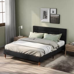 Padding bed 140x200 cm with slatted frame, headboard, linen black for adults & teens (With spring core mattress)