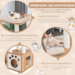 6-Tier Wooden Scratching Post, 176 cm Cat Tree with Cosy Mats & Cave & Cat Arch, Large Cat Scratching Post, Cat Furniture,