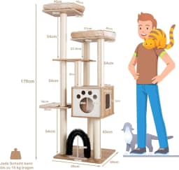 6-Tier Wooden Scratching Post, 176 cm Cat Tree with Cosy Mats & Cave & Cat Arch, Large Cat Scratching Post, Cat Furniture,