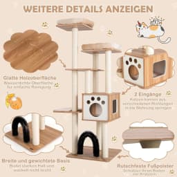 6-Tier Wooden Scratching Post, 176 cm Cat Tree with Cosy Mats & Cave & Cat Arch, Large Cat Scratching Post, Cat Furniture,