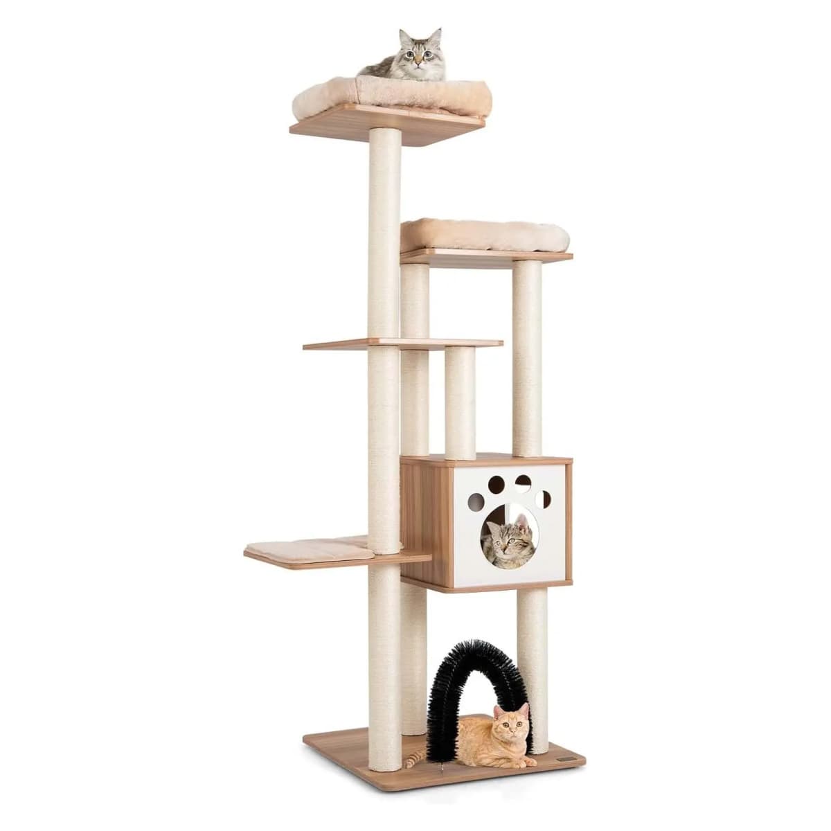 6-Tier Wooden Scratching Post, 176 cm Cat Tree with Cosy Mats & Cave & Cat Arch, Large Cat Scratching Post, Cat Furniture,